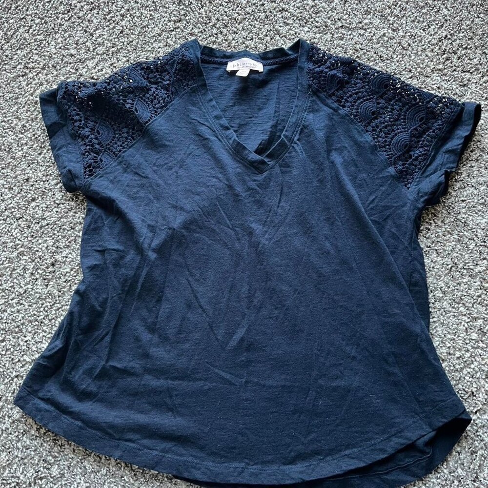 Philosophy Blouse Womens 1X Navy Blue Lace Shoulder Whimsigoth Casual Top